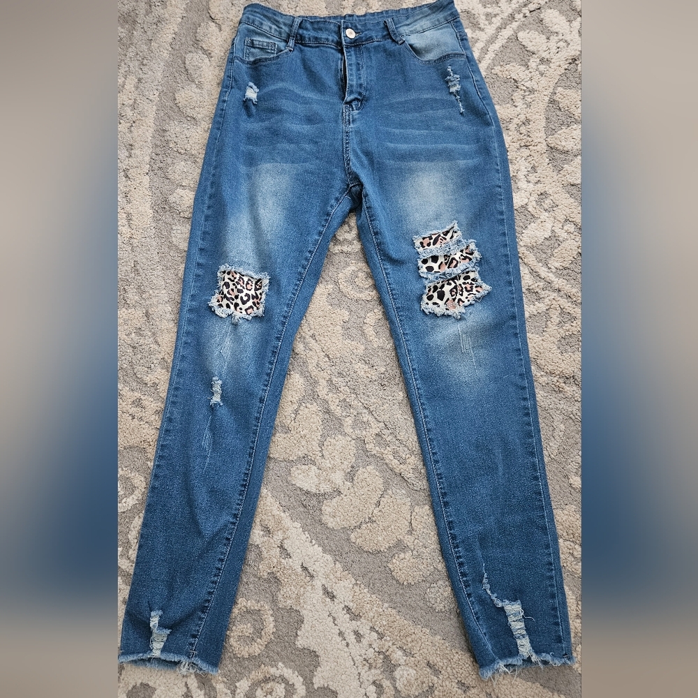 Leopard Print Ripped Stretchy Skinny Jeans, High Rise Denim Womens SZ L 8-10